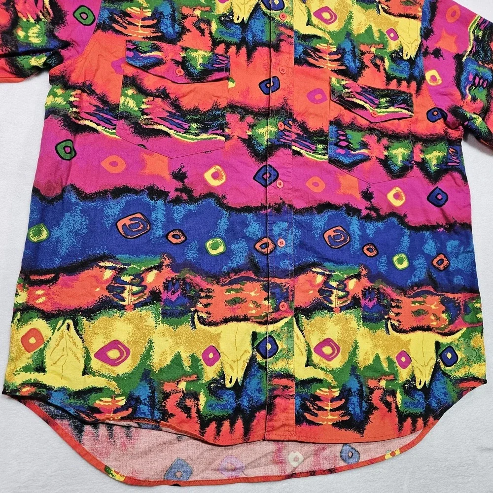 Vtg Wrangler Shirt Mens XL Brushpopper Bright Loud Bull Skull Tie Dye Groovy - Picture 6 of 13